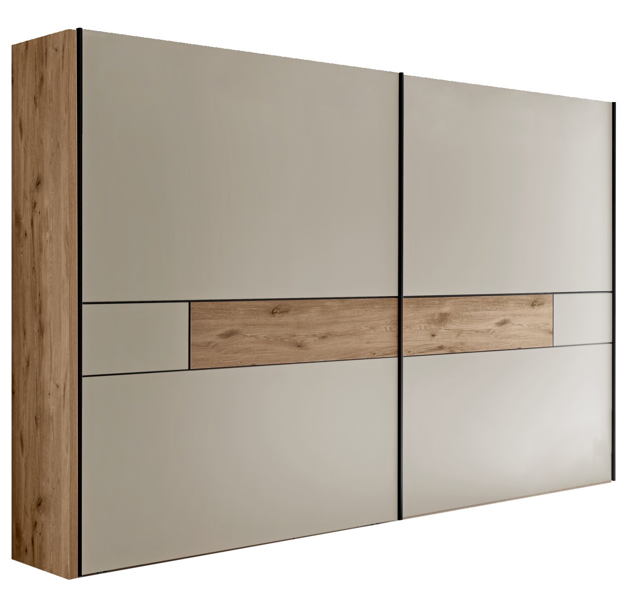 Venda Schwebetürenschrank 2-türig VILLACH Moderner Kleiderschrank mit Schiebetüren in Beige und Holzoptik, mit horizontalem Holzdekorstreifen und schwarzen Griffleisten, in schräger Frontansicht von links freigestellt auf weißem Hintergrund.