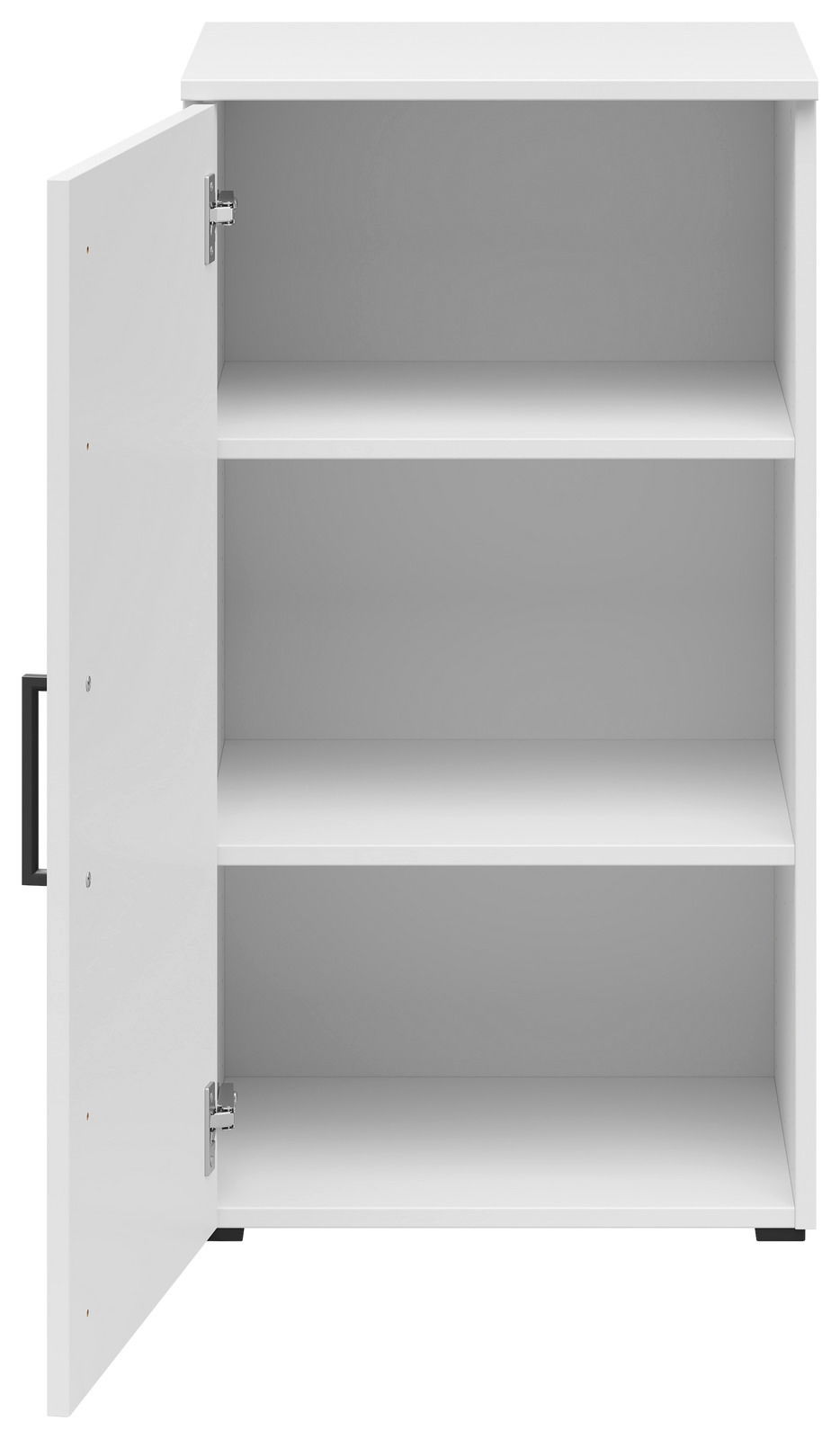 Weiße Kommode mit geöffneter Tür, zwei Regalböden sichtbar, Frontalansicht