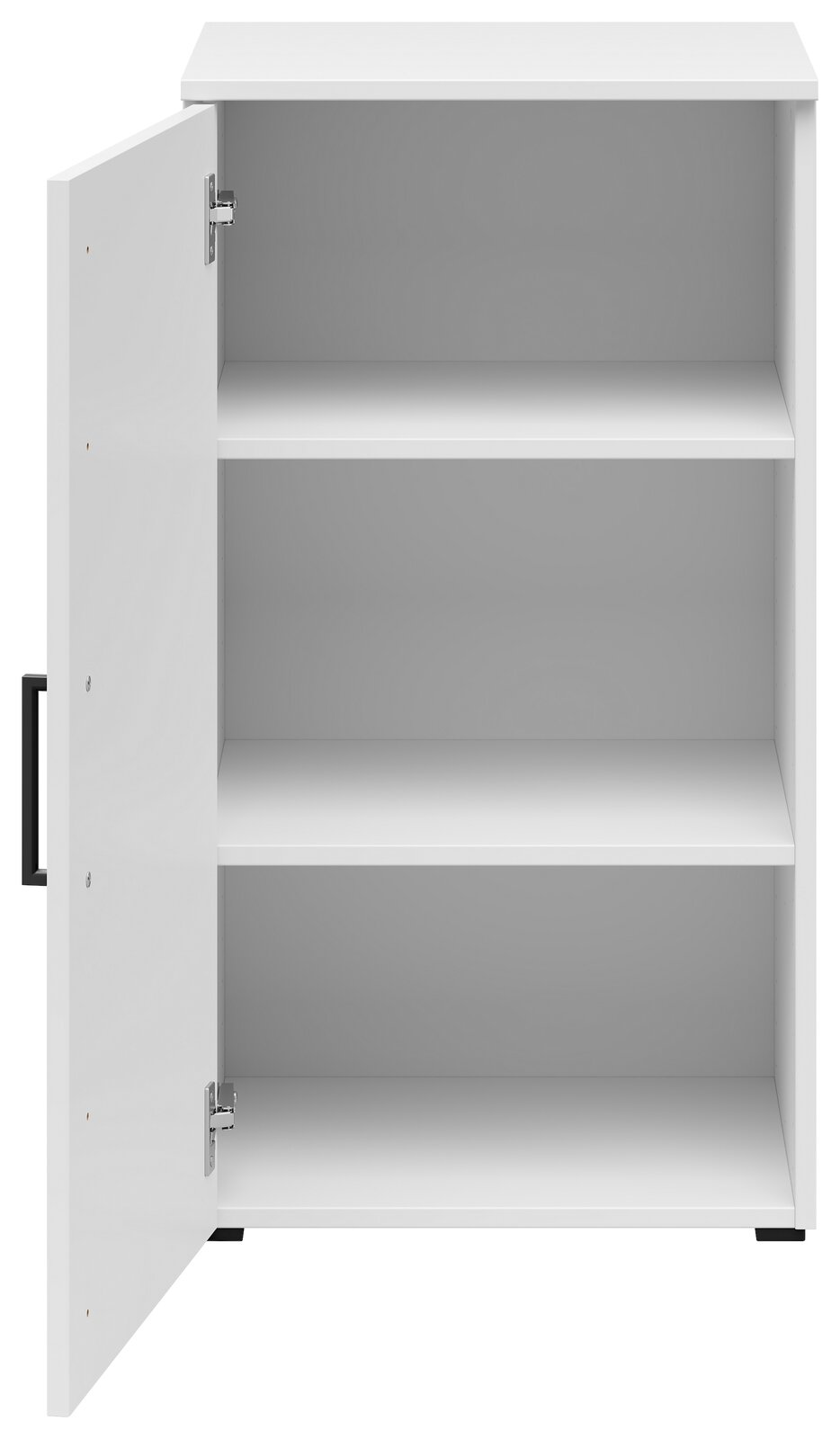 Weiße Kommode mit geöffneter Tür, zwei Regalböden sichtbar, Frontalansicht