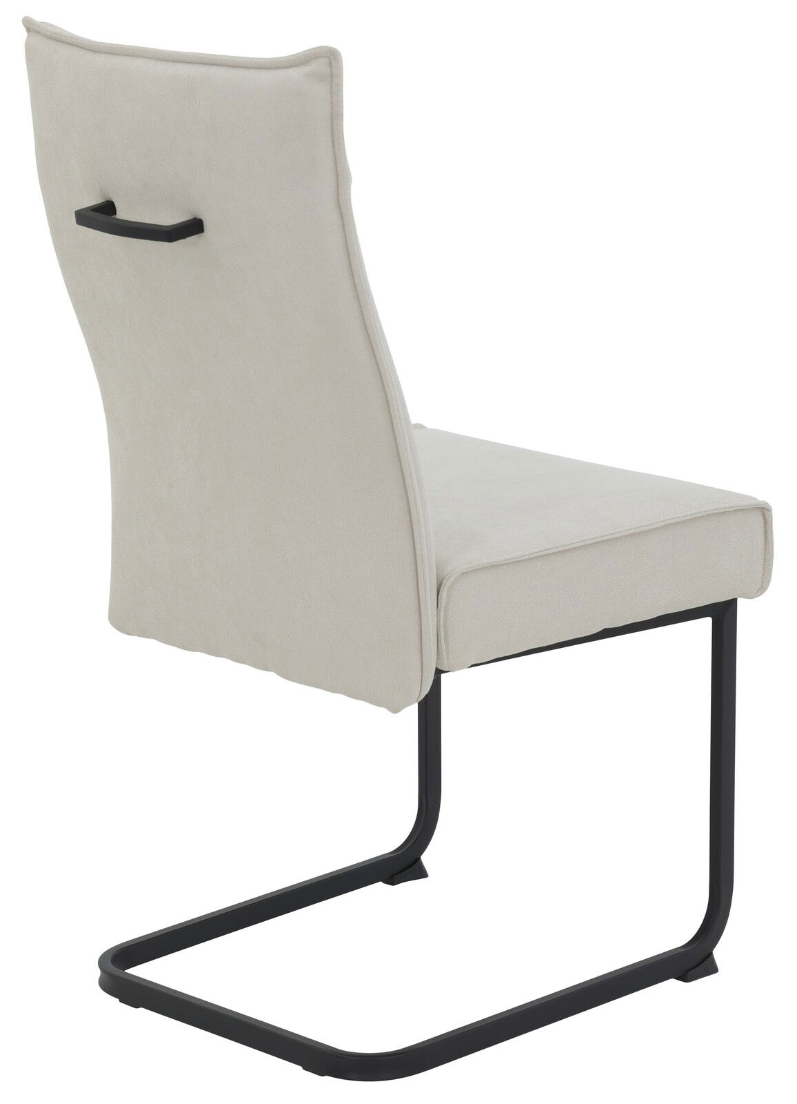 Rückansicht eines modernen Schwingstuhls mit hellem Polster und schwarzem Metallgestell.