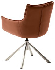 Rückansicht eines modernen Sessels mit braunem Lederbezug und silbernem Metallgestell.