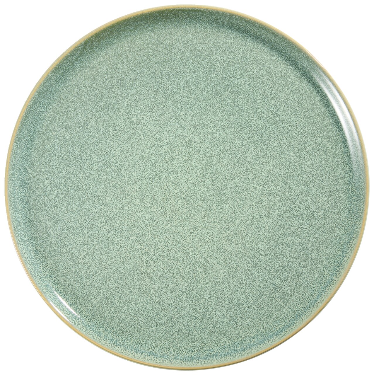 Rond groen keramisch bord met fijn gespikkeld glazuur en beige rand, van bovenaf gezien