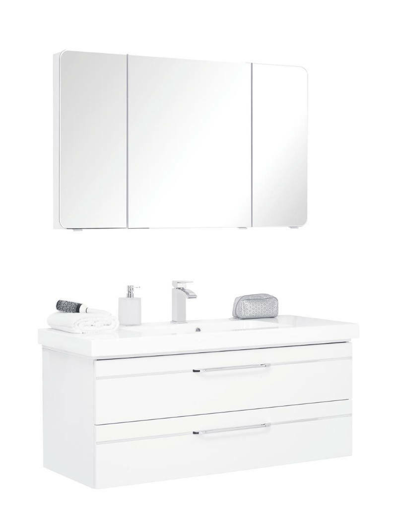 Moderne Badkombination mit weißem Waschtisch und Spiegelschrank, frontale Ansicht