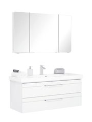 Moderne Badkombination mit weißem Waschtisch und Spiegelschrank, frontale Ansicht