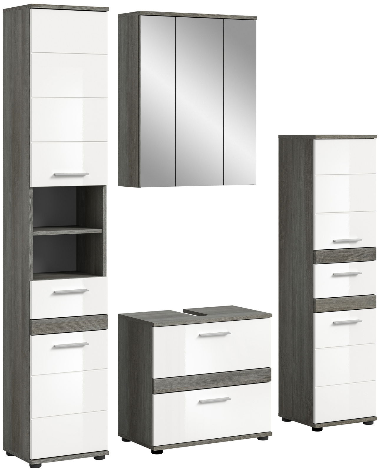MID.YOU Badkombination BLAKE Moderne Badkombination mit weiß-glänzenden Fronten und grauen Seitenteilen, bestehend aus einem Spiegelschrank, einem Waschbeckenunterschrank und zwei Hochschränken, frontal abgebildet.