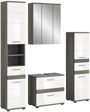 Moderne Badkombination mit weiß-glänzenden Fronten und grauen Seitenteilen, bestehend aus einem Spiegelschrank, einem Waschbeckenunterschrank und zwei Hochschränken, frontal abgebildet.