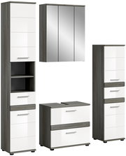 Moderne Badkombination mit weiß-glänzenden Fronten und grauen Seitenteilen, bestehend aus einem Spiegelschrank, einem Waschbeckenunterschrank und zwei Hochschränken, frontal abgebildet.