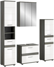 Moderne Badkombination mit weiß-glänzenden Fronten und grauen Seitenteilen, bestehend aus einem Spiegelschrank, einem Waschbeckenunterschrank und zwei Hochschränken, frontal abgebildet.