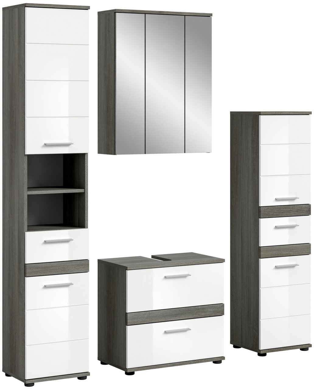 Moderne Badkombination mit weiß-glänzenden Fronten und grauen Seitenteilen, bestehend aus einem Spiegelschrank, einem Waschbeckenunterschrank und zwei Hochschränken, frontal abgebildet.