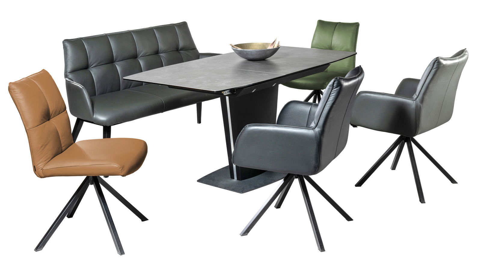 Novel Esstisch USEDOM Moderner Esstisch mit schwarzer Tischplatte und verschiedenen Stühlen in Lederoptik, seitliche Perspektive