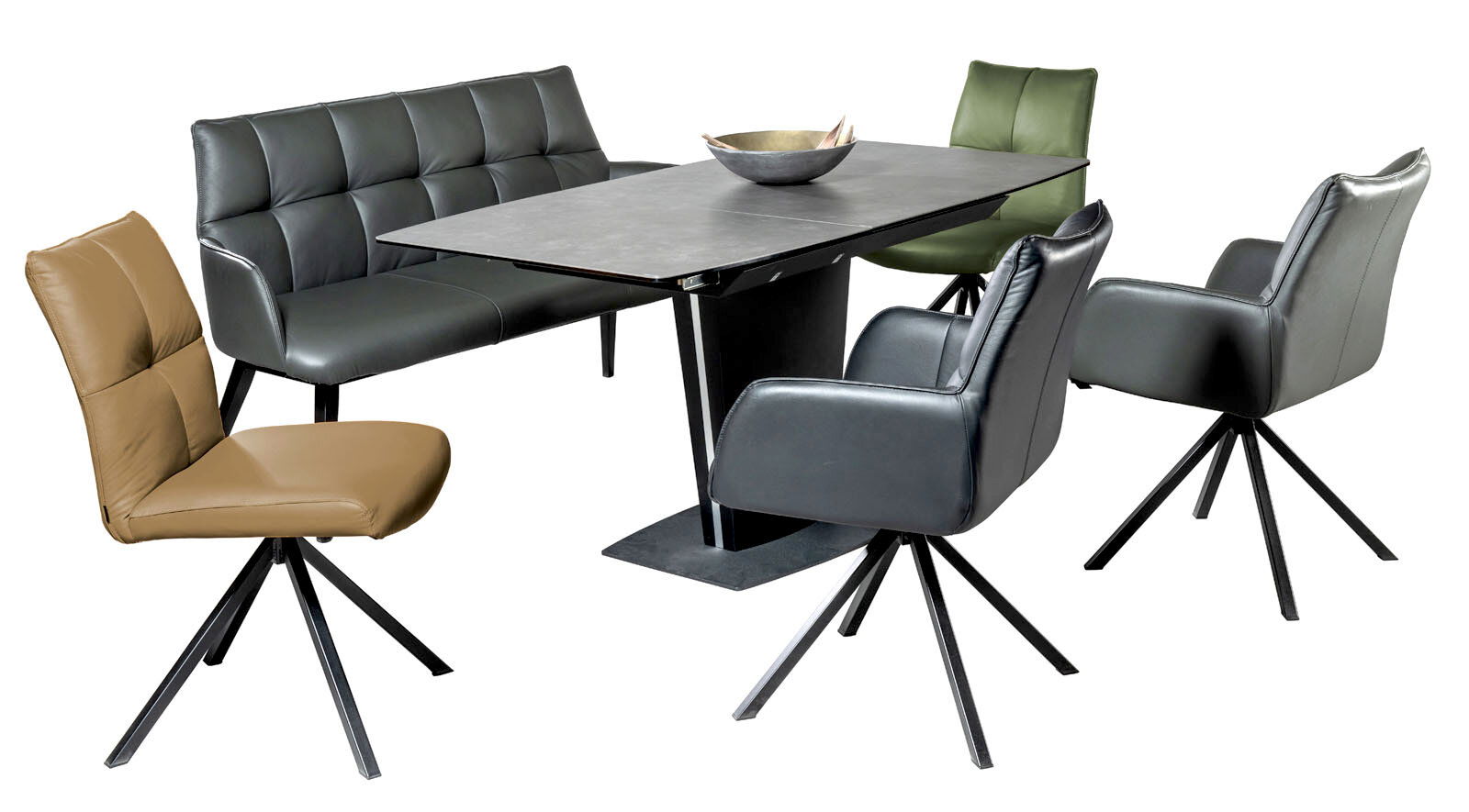 Novel Esstisch USEDOM Moderner Esstisch mit schwarzer Tischplatte und verschiedenen Stühlen in Lederoptik, seitliche Perspektive