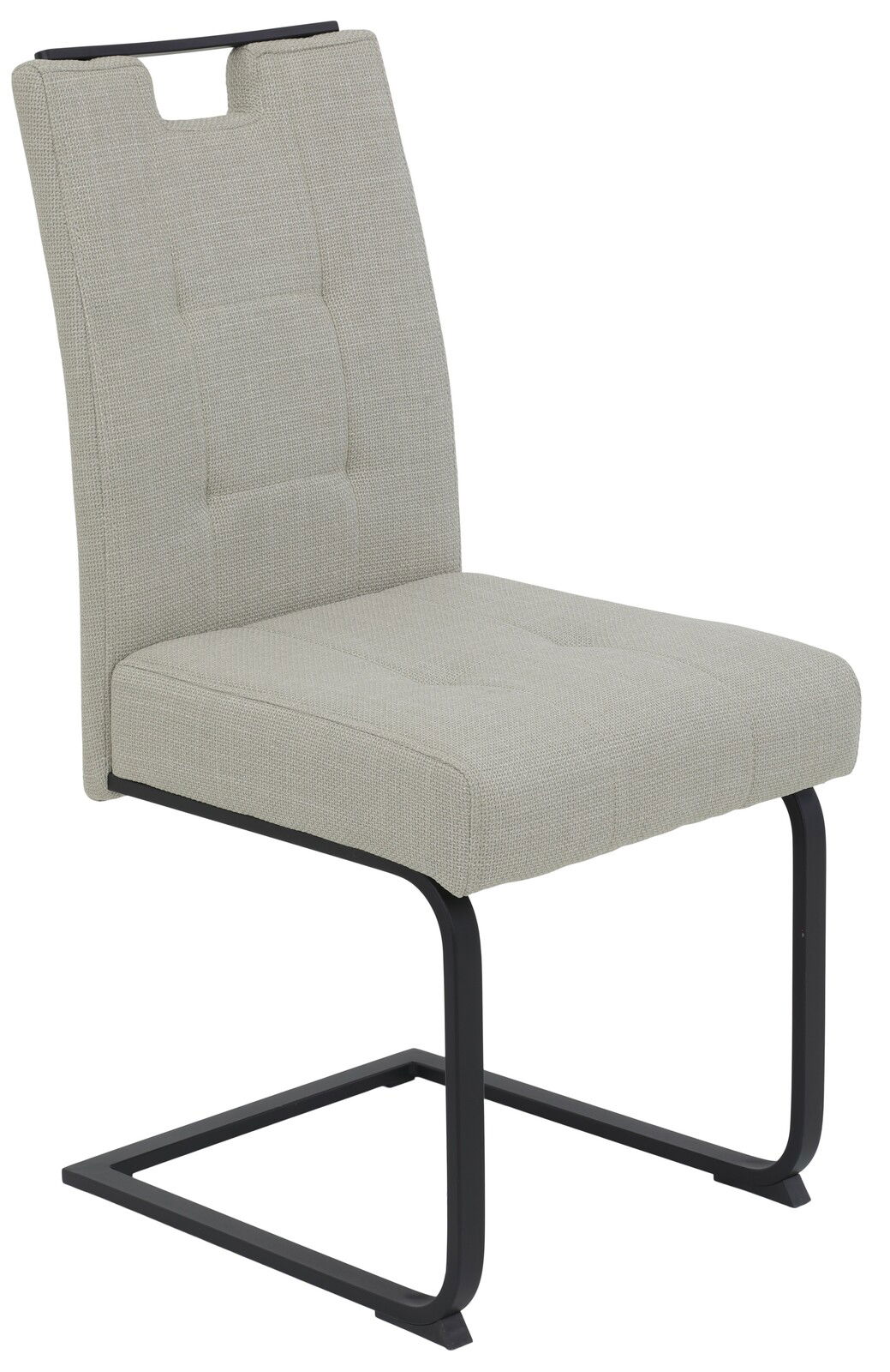 Moderner Schwingstuhl mit hellgrauem Stoffbezug und schwarzem Metallgestell, seitliche Perspektive