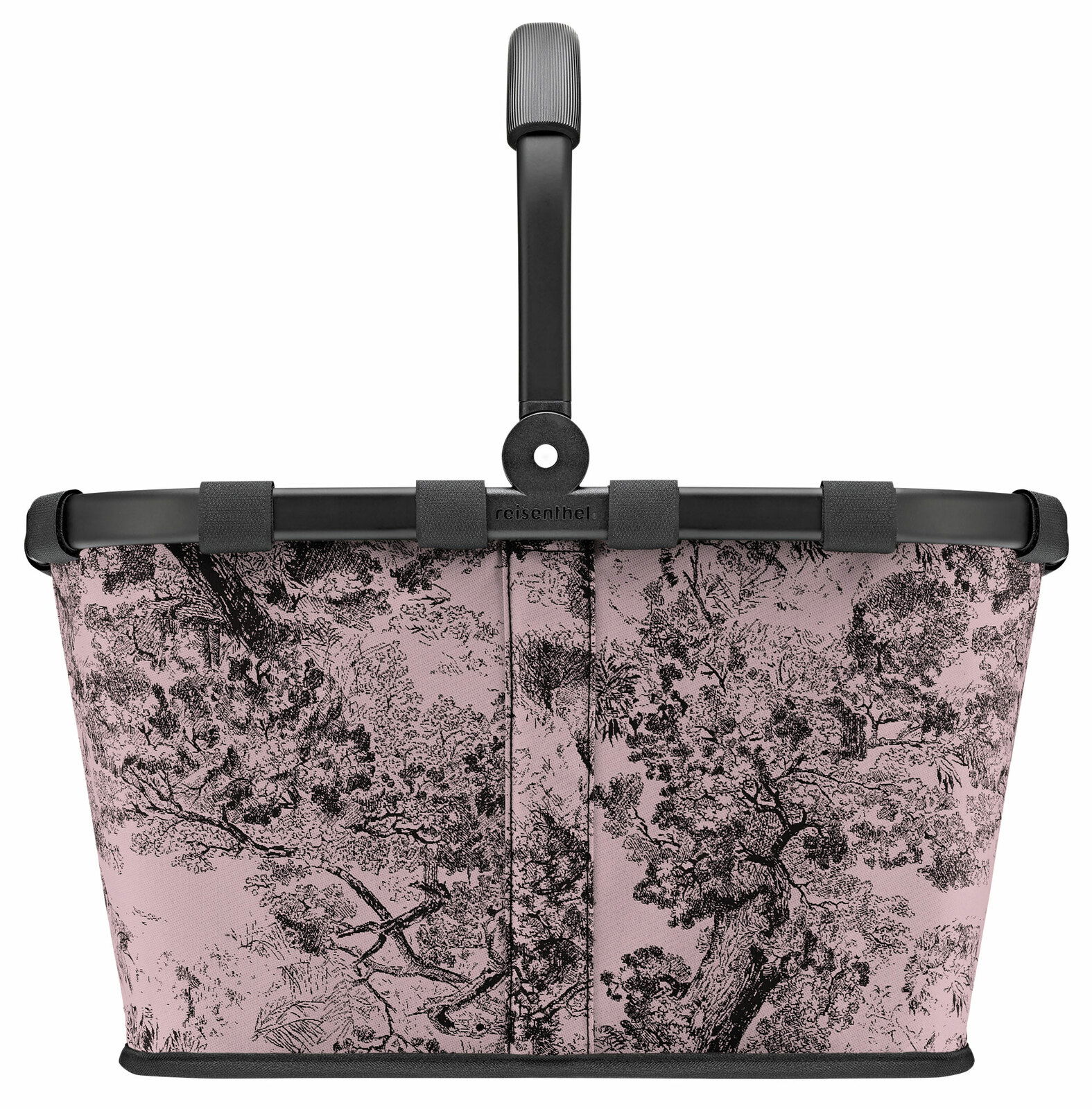 Rosa Einkaufskorb mit schwarzem Baum-Muster, Ansicht von vorne