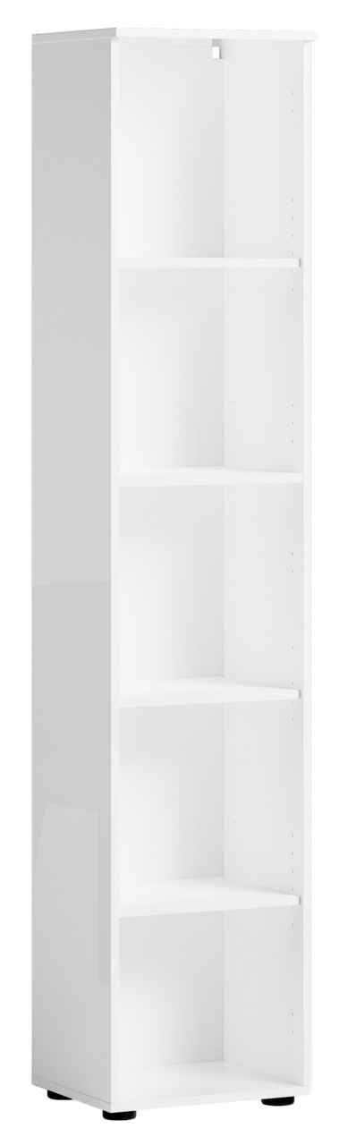 Weißes, hohes Aktenregal mit fünf offenen Fächern, seitliche Perspektive