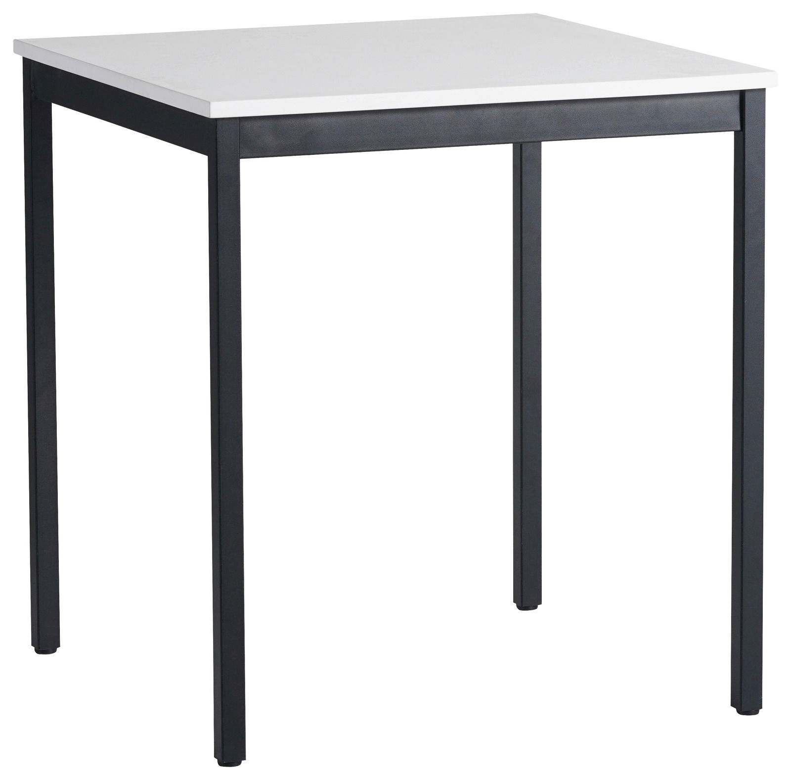 Moderner Esstisch mit weißer Tischplatte und schwarzen Metallbeinen, seitliche Perspektive