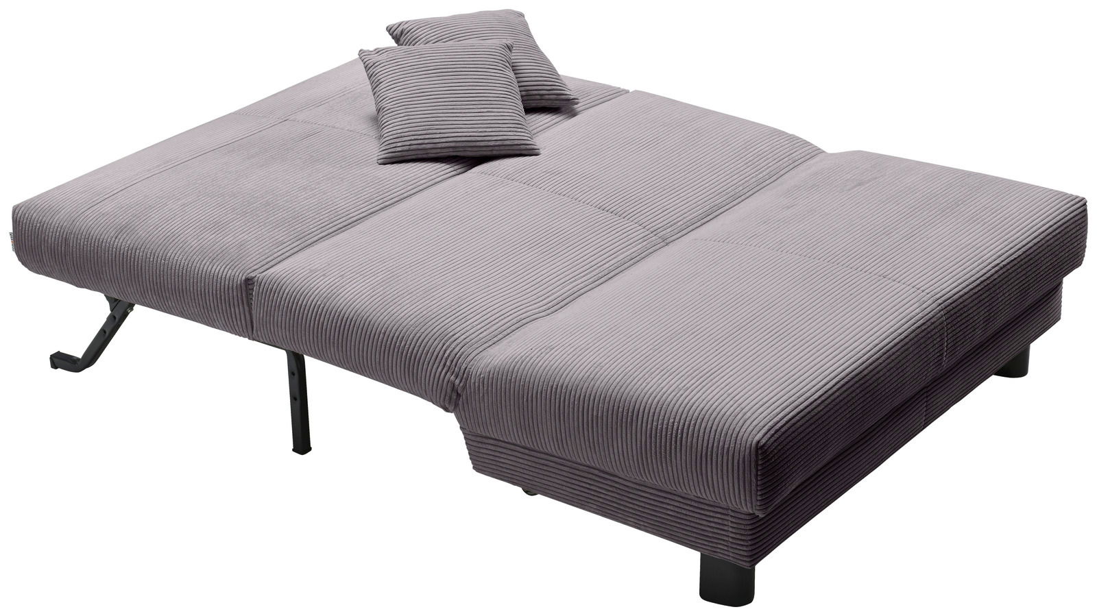 Graues Funktionssofa in Liegeposition mit zwei passenden Kissen, seitliche Perspektive