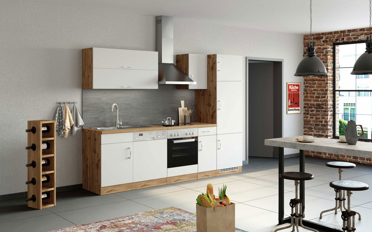 Held Möbel Küchenzeile SORRENTO Moderne Küchenzeile in Holzoptik mit weißen Fronten, Edelstahl-Dunstabzugshaube und integriertem Backofen, seitliche Perspektive.