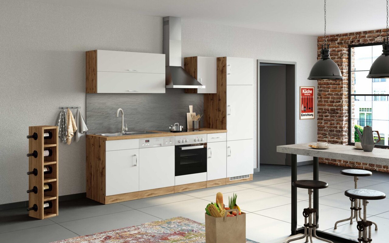 Held Möbel Küchenzeile SORRENTO Moderne Küchenzeile in Holzoptik mit weißen Fronten, Edelstahl-Dunstabzugshaube und integriertem Backofen, seitliche Perspektive.