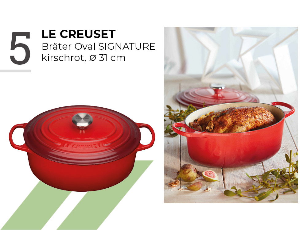 Ovaler Bräter von Le Creuset in Kirschrot mit Deckel, Ø 31 cm, gefüllt mit gebratenem Geflügel