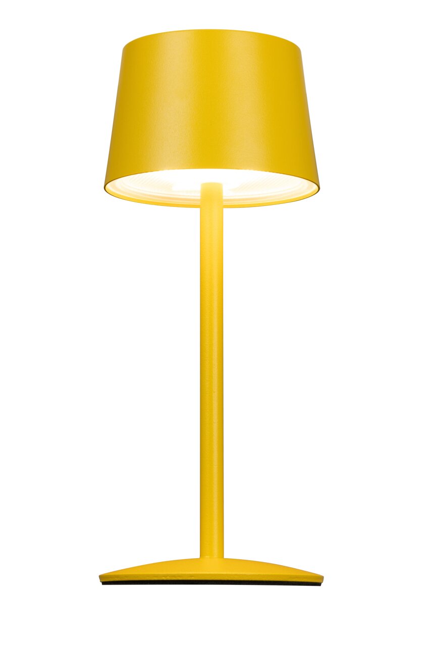 Gele accu-tafellamp in vooraanzicht, met een modern ontwerp en een cilindervormige lampenkap.