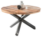 Runder Esstisch aus Holz mit Metallkreuzgestell, seitliche Perspektive