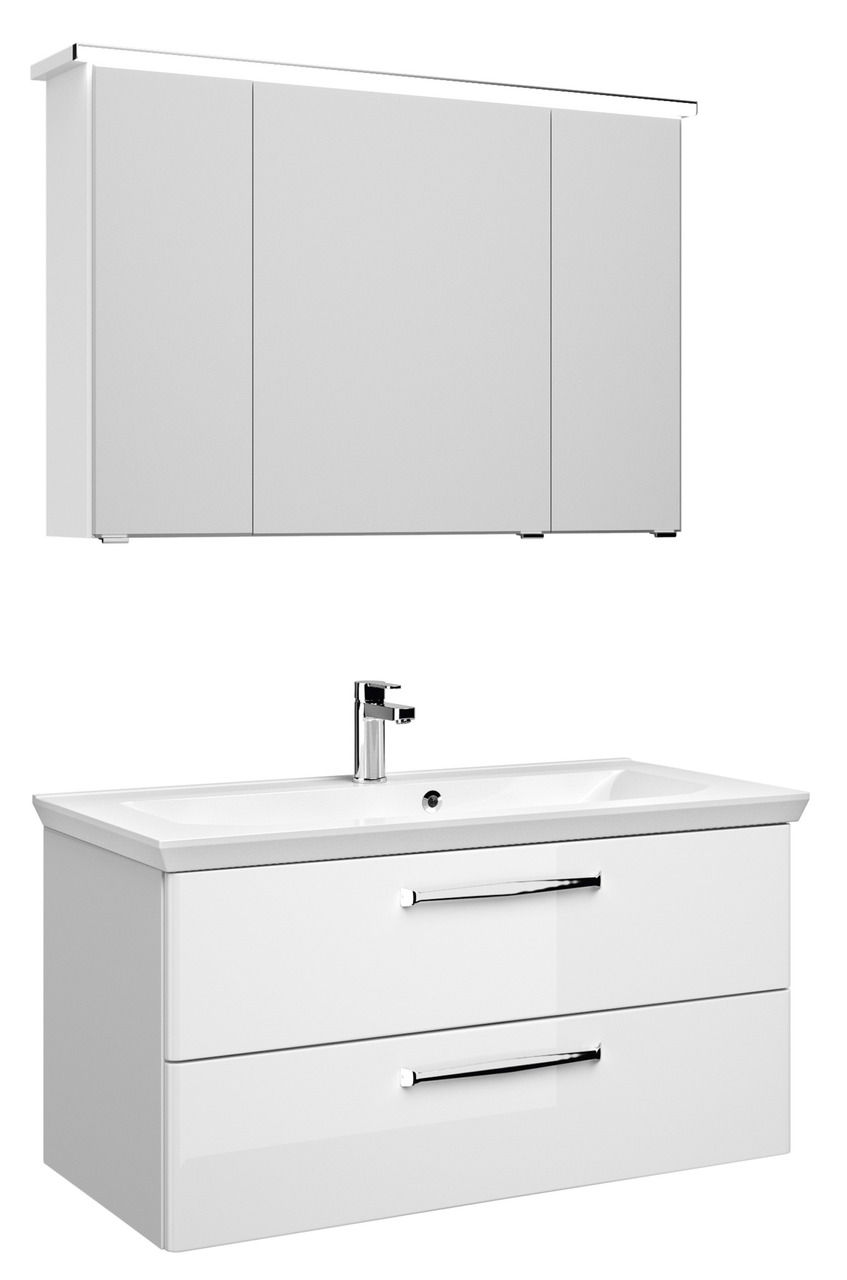 Pelipal Badblock 110cm TRENTINO Moderner weißer Badblock mit Spiegelschrank und Waschbecken, Frontalansicht