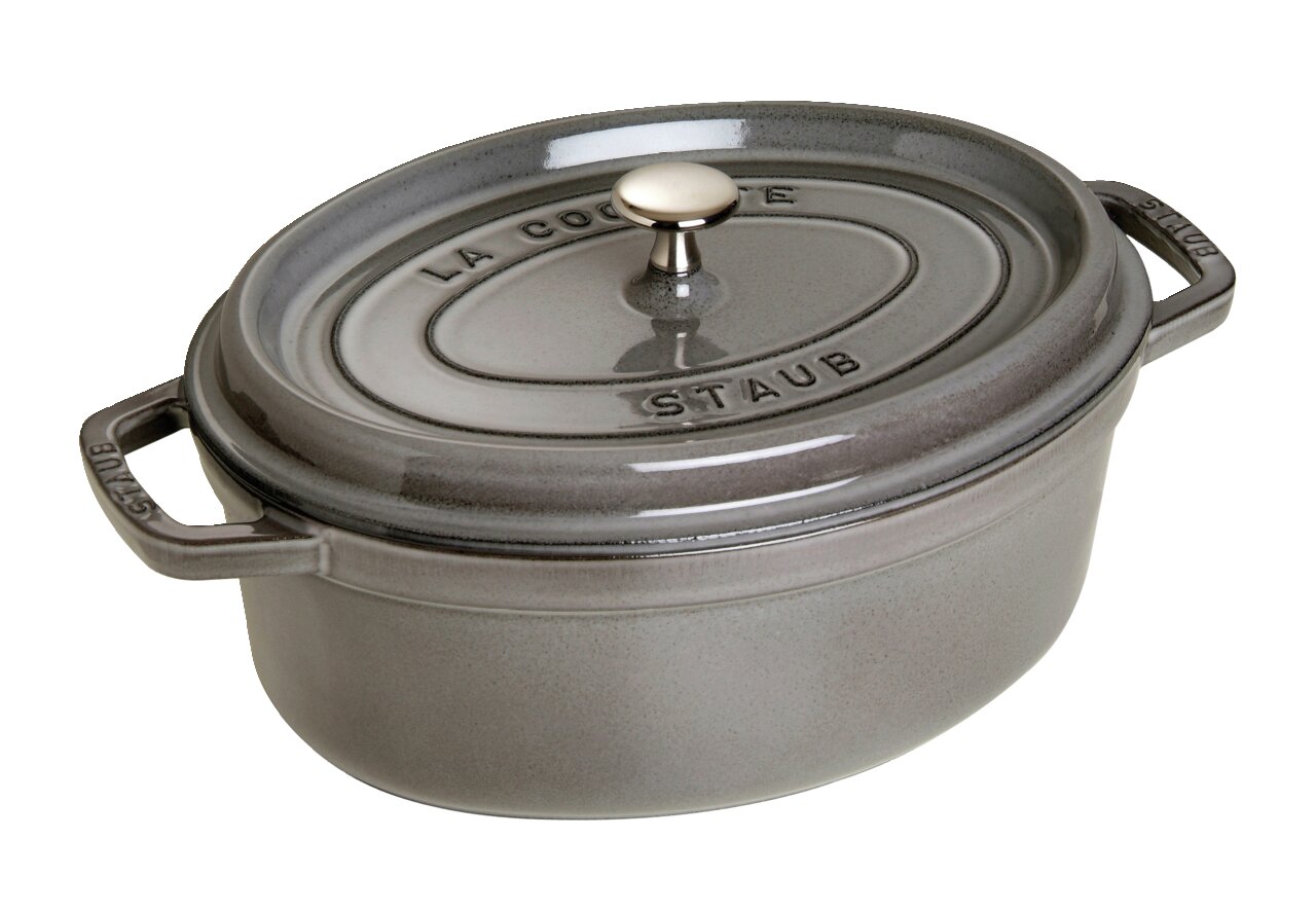 Staub Bräter Cocotte 29cm oval Grauer ovaler Bräter Cocotte 29cm mit Deckel und seitlichen Griffen, seitliche Perspektive
