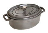 Grauer ovaler Bräter Cocotte 29cm mit Deckel und seitlichen Griffen, seitliche Perspektive