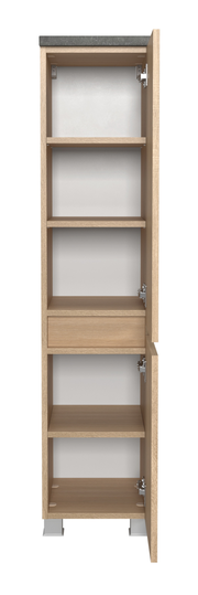 Offener Midischrank aus Holz mit mehreren Regalböden, frontal betrachtet.