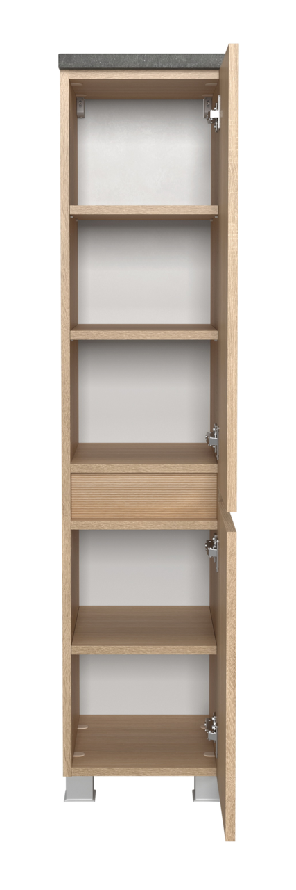 Offener Midischrank aus Holz mit mehreren Regalböden, frontal betrachtet.