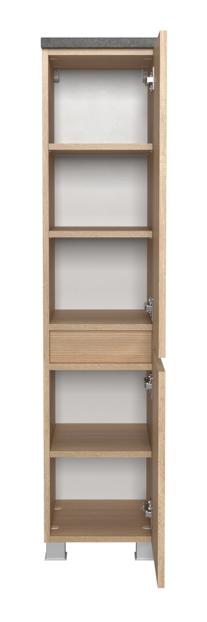 Offener Midischrank aus Holz mit mehreren Regalböden, frontal betrachtet.