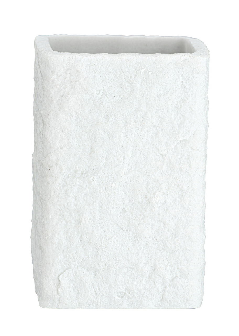 Weißer, rechteckiger Zahnputzbecher mit rauer Oberfläche, frontal abgebildet.
