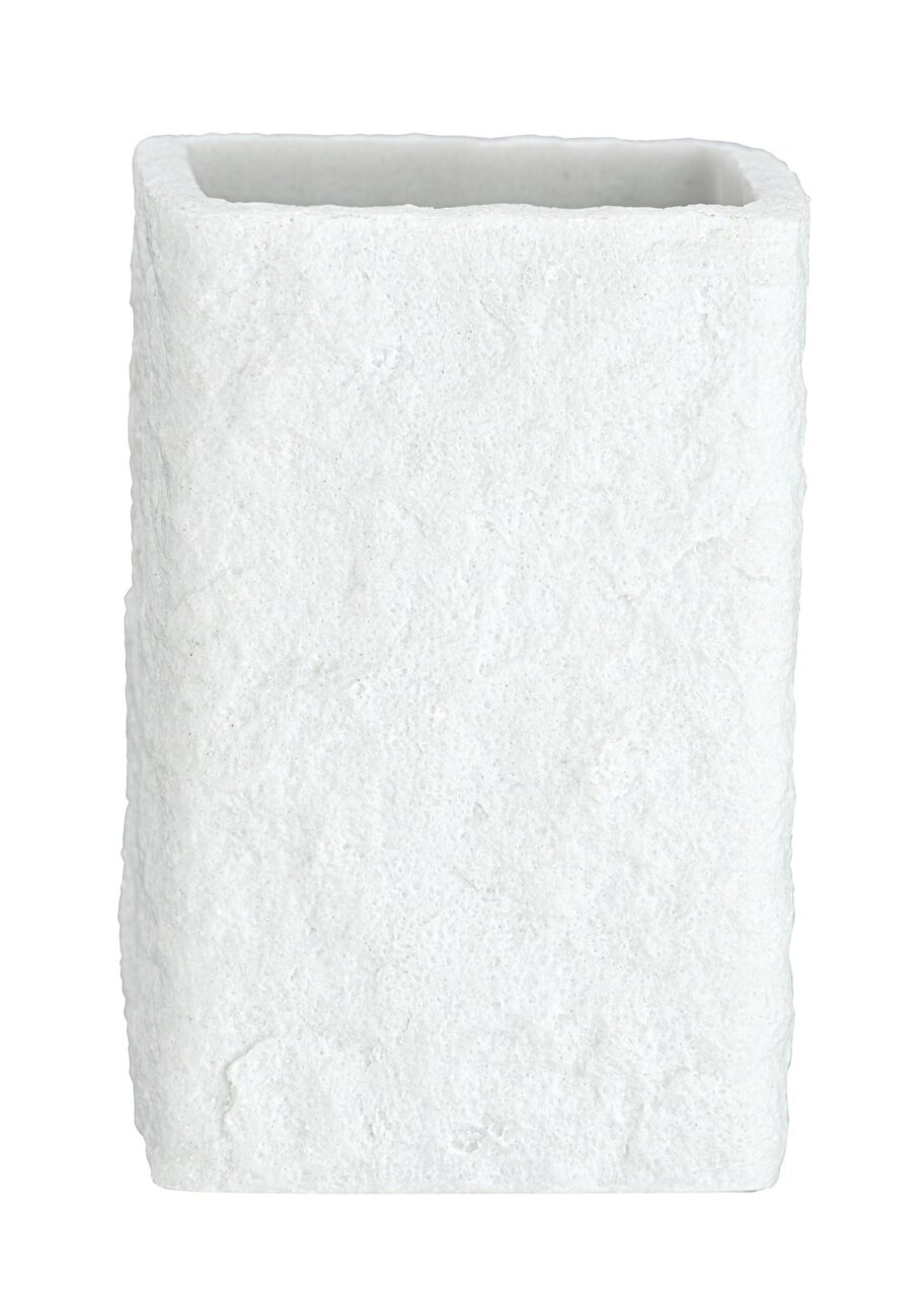 Weißer, rechteckiger Zahnputzbecher mit rauer Oberfläche, frontal abgebildet.