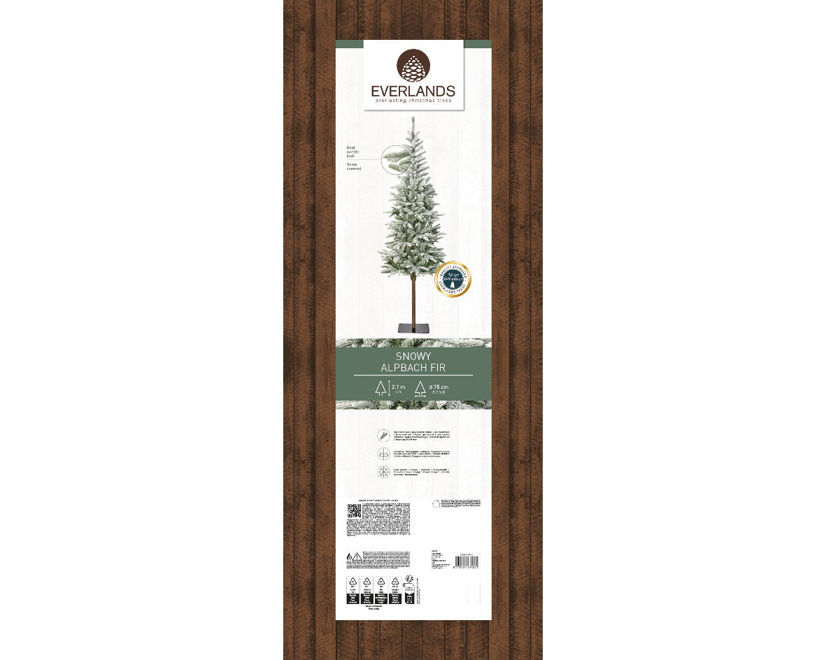 Künstlicher Weihnachtsbaum 'Snowy Alpbach Tanne' in voller Höhe, mit Schnee bedeckt, aufrecht stehend, frontal abgebildet.