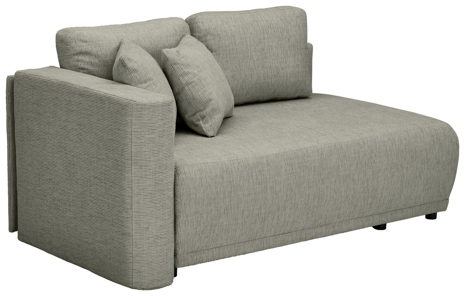 Graue Recamiere mit zwei Rückenkissen und einem Seitenkissen, seitliche Perspektive