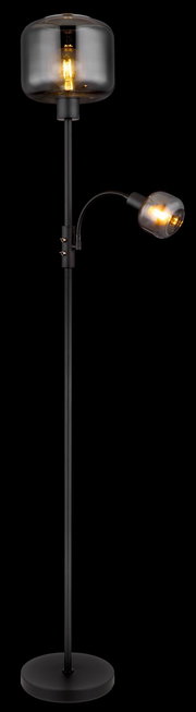 Moderne Stehleuchte mit zwei Leuchtquellen, eine große oben und eine kleinere, flexible Leselampe, seitliche Ansicht.