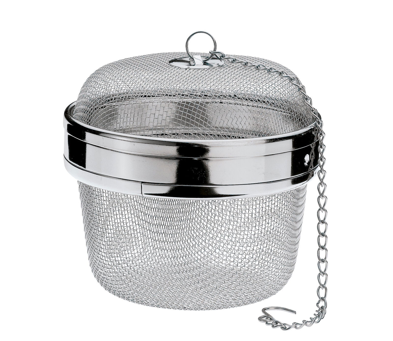 Tee- und Gewürzkugel aus Edelstahl mit Kette, seitliche Perspektive