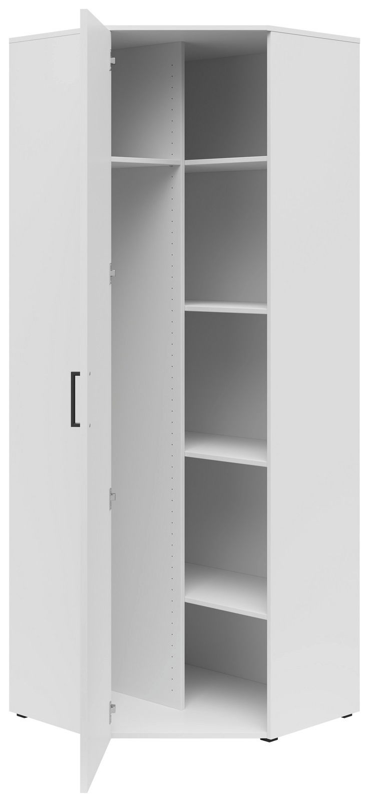 Weißer Eckschrank mit geöffneter Tür, zeigt mehrere Regalböden, Perspektive von vorne links