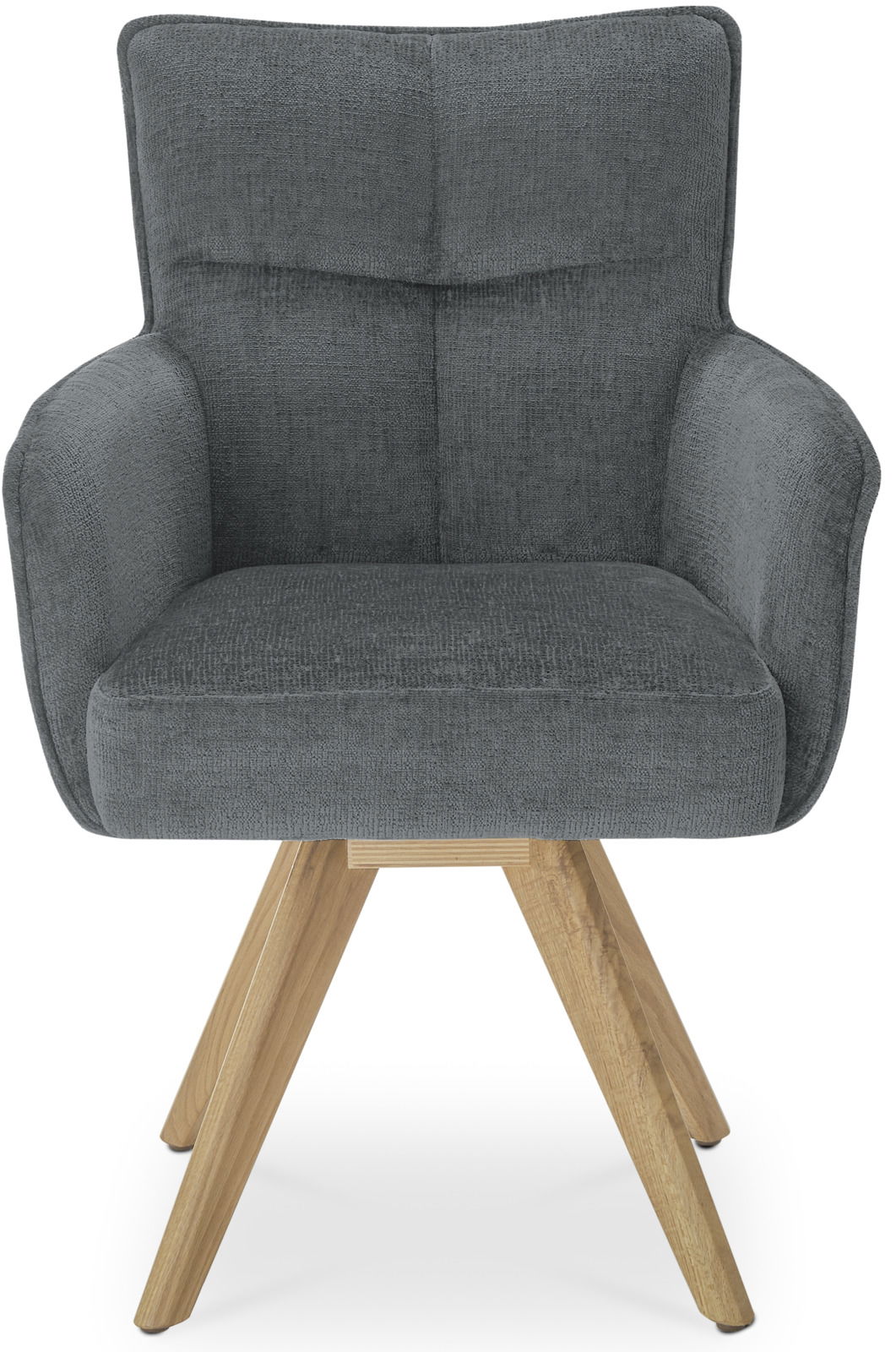 Grauer Armlehnstuhl mit Holzbeinen, Frontalansicht