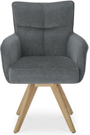 Grauer Armlehnstuhl mit Holzbeinen, Frontalansicht