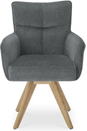 Grauer Armlehnstuhl mit Holzbeinen, Frontalansicht