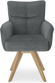 Grauer Armlehnstuhl mit Holzbeinen, Frontalansicht