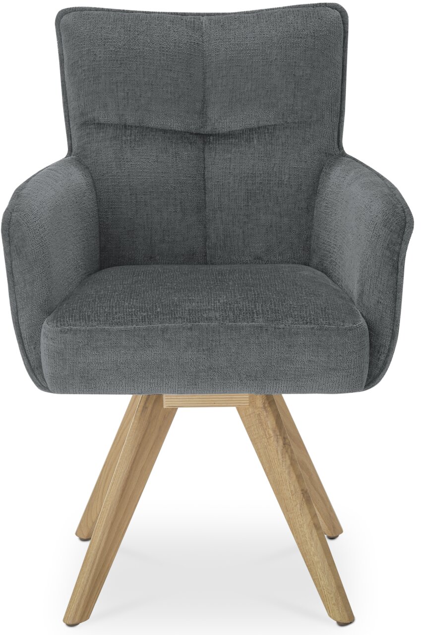 Grauer Armlehnstuhl mit Holzbeinen, Frontalansicht