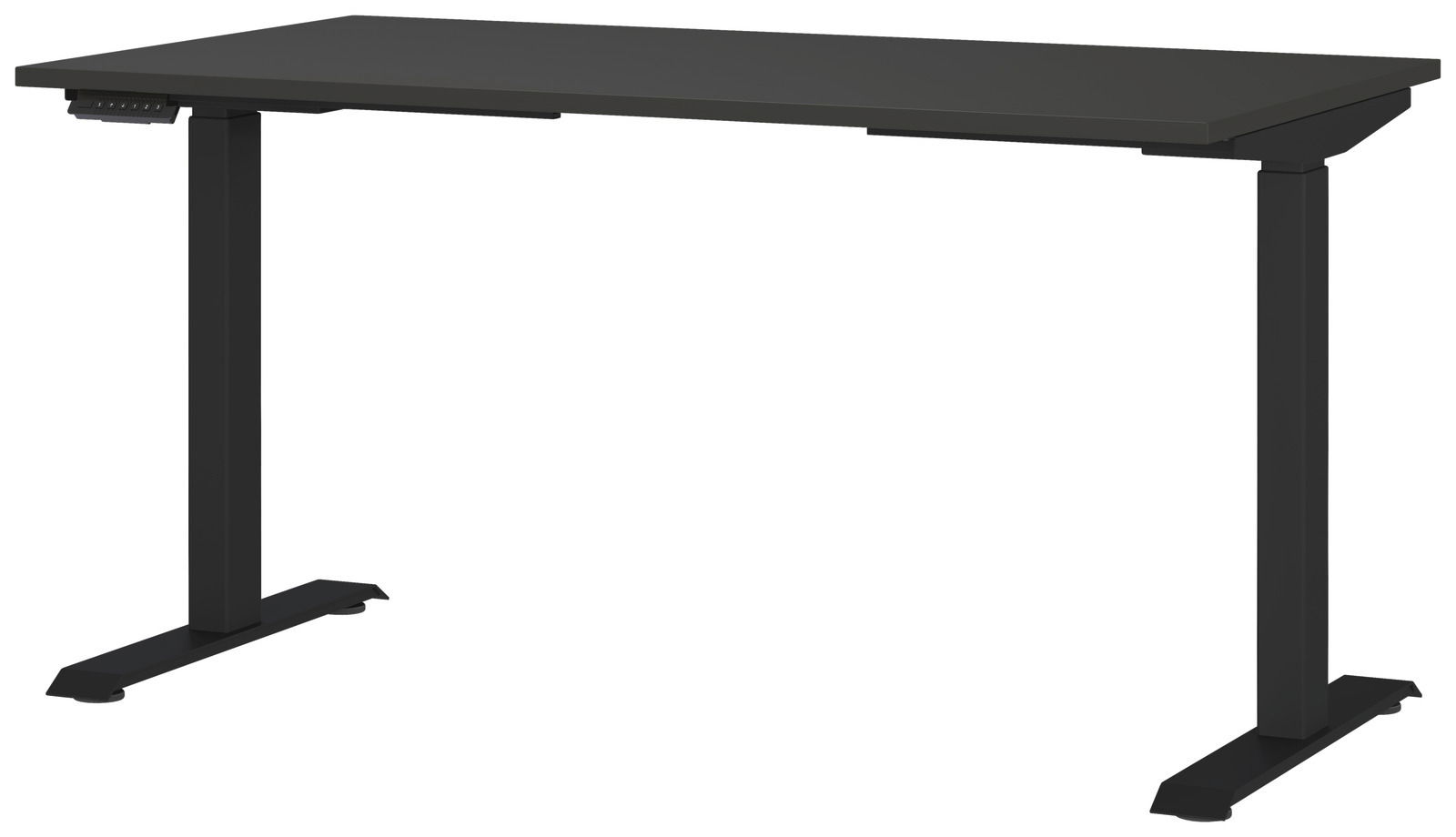 Schwarzer E-Schreibtisch mit rechteckiger Tischplatte und höhenverstellbaren Beinen, seitliche Perspektive