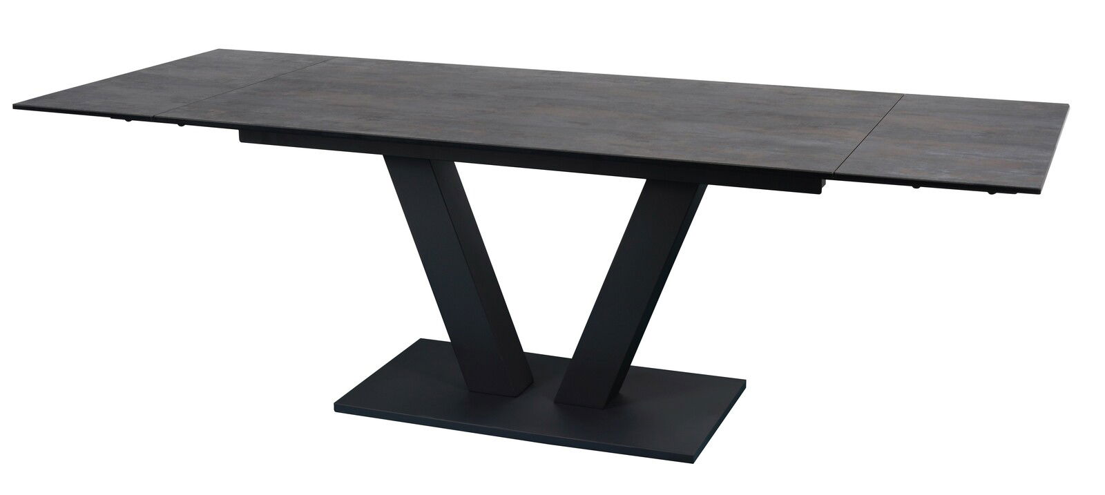 Moderner Esstisch mit dunkler Tischplatte und V-förmigem Gestell, seitliche Perspektive