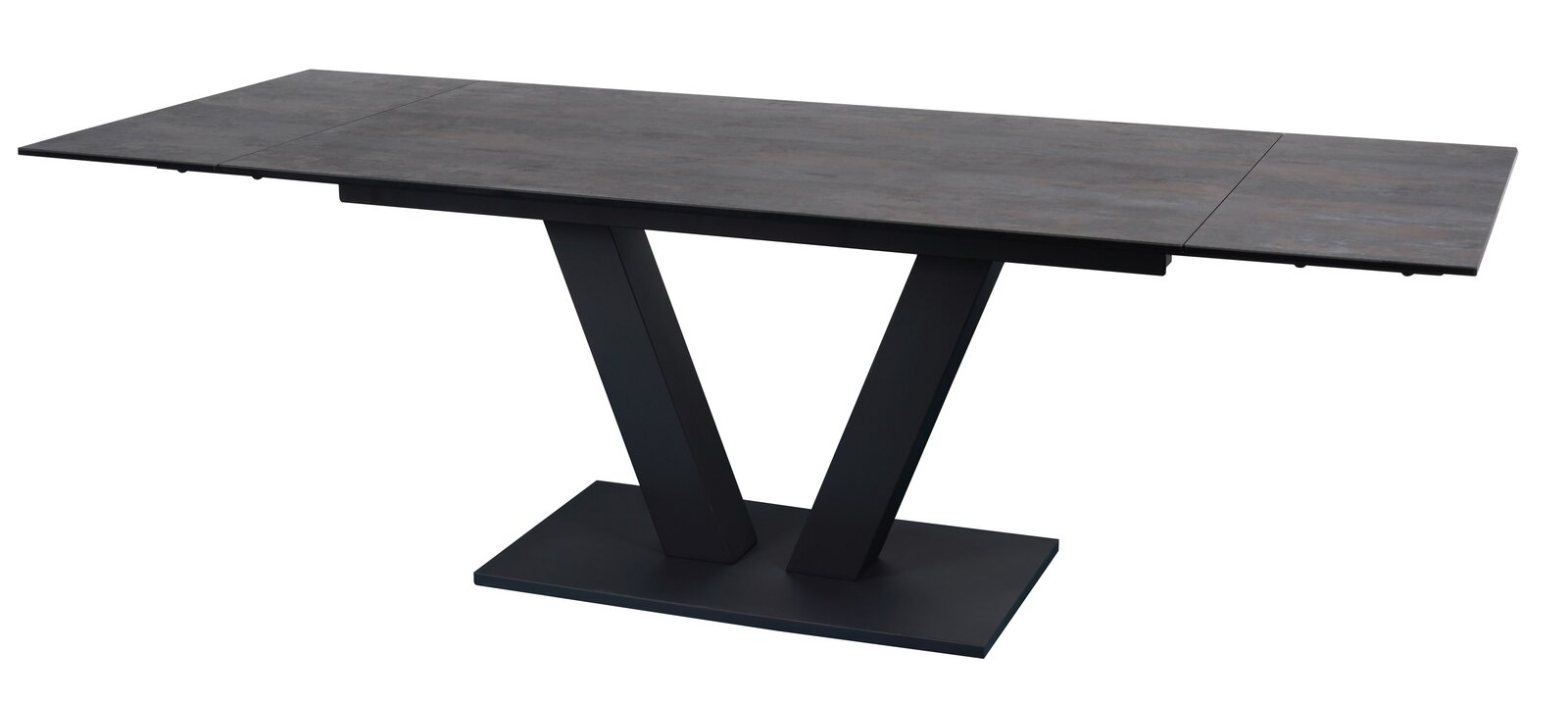 Moderner Esstisch mit dunkler Tischplatte und V-förmigem Gestell, seitliche Perspektive