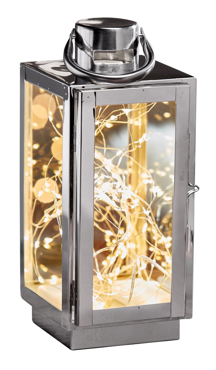 Zurbrüggen Laterne 25 cm Edelstahl Laterne mit warmweißen Lichterketten, seitliche Perspektive