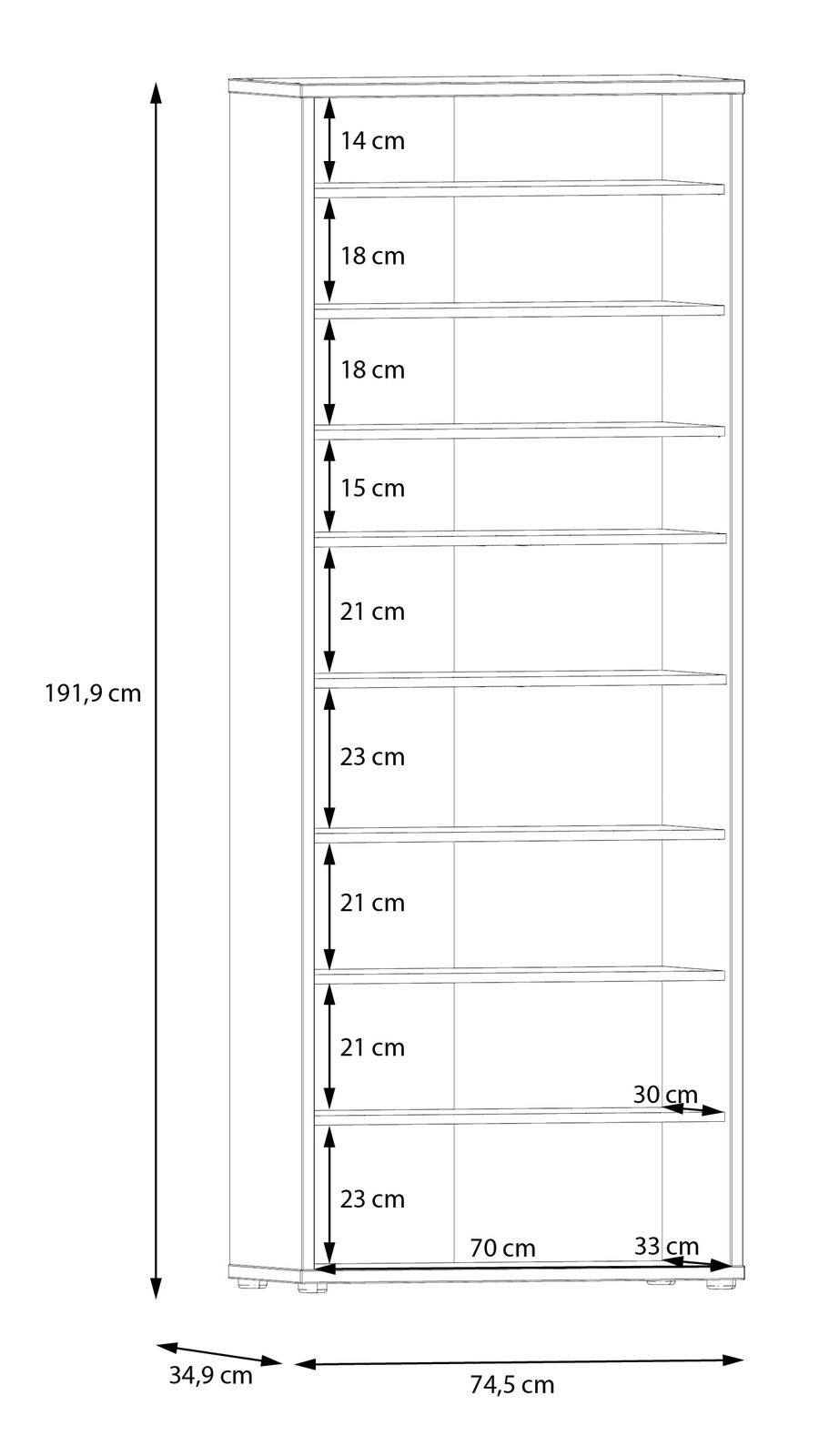 Seitenansicht eines hohen XL-Schuhschranks mit mehreren Regalböden und detaillierten Maßangaben.
