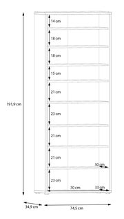 Seitenansicht eines hohen XL-Schuhschranks mit mehreren Regalböden und detaillierten Maßangaben.
