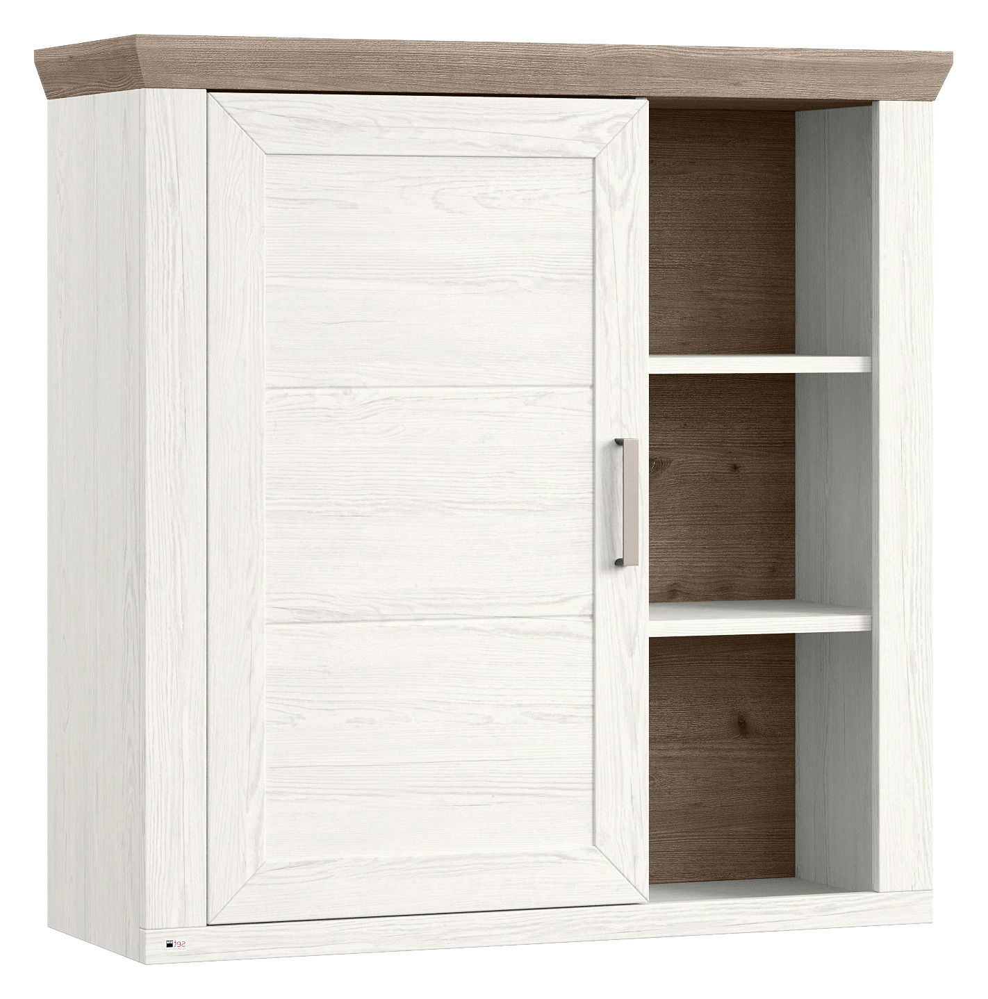 Hängeelement in Holzoptik mit einer Tür und zwei offenen Regalfächern, Frontansicht